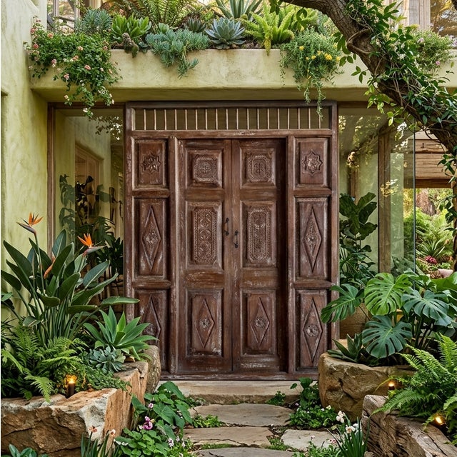 Mid-Century Modern Antique Handcarved Teak Wood Garden Gates – Rustic Indian Architectural Doors 84x59 For Sale - Image 3 of 3