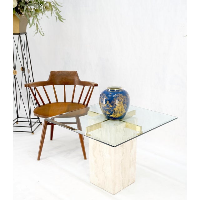 Mid-Century Modern Square Travertine Base Glass Top Side End Occasional Coffee Lamp Table For Sale - Image 3 of 12