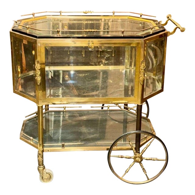 Vintage French Gilt Brass Bar Cart For Sale