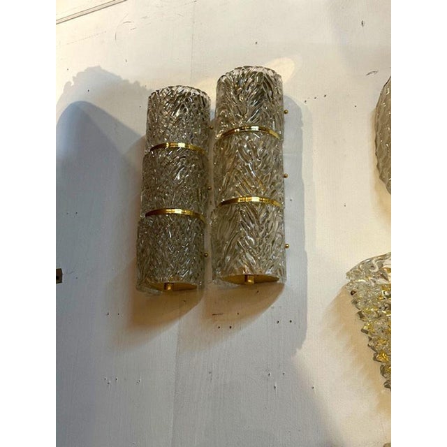 Modern Modern Murano Wave Glass and Brass Barrel Sconces - a Pair For Sale - Image 3 of 5