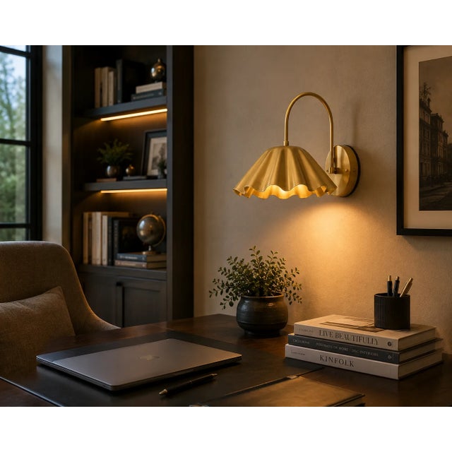Metal Handcrafted Brass Scalloped Wall Sconce, Fluted Shade Vanity & Bedroom Wall Light For Sale - Image 7 of 10
