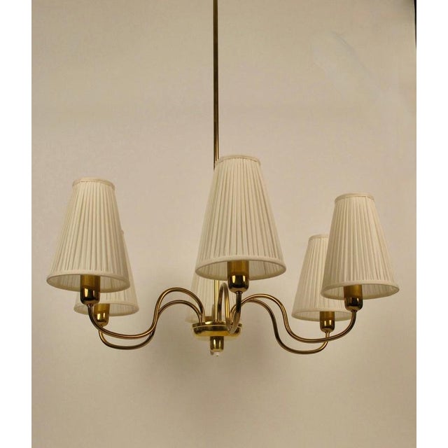 Mid-Century 6-Arm Chandelier in Brass with Silk Shades by Rupert Nikoll, 1958 For Sale - Image 3 of 16