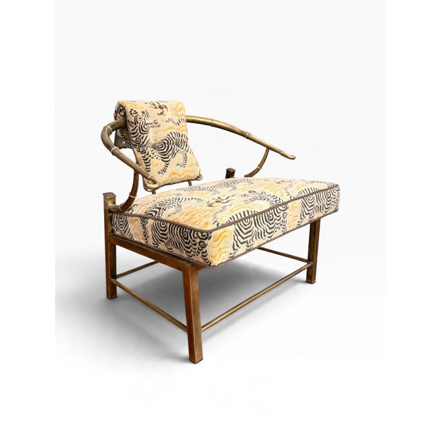 Mastercraft Vintage Pair of Empress Brass Lounge Chairs Attributed to Mastercraft in Clarence House Tibet Fabric For Sale - Image 4 of 16