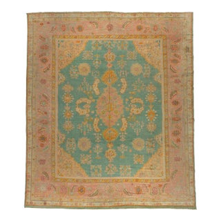 1900s Exhilarating Teal Pink Oversize Oushak Rug - 13'4" x 15'8" For Sale