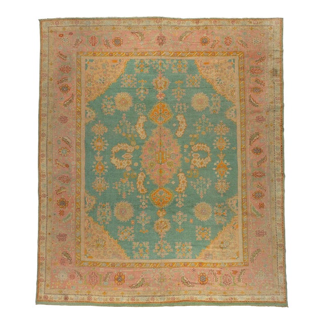 1900s Exhilarating Teal Pink Oversize Oushak Rug - 13'4" x 15'8" For Sale