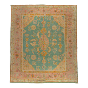 1900s Exhilarating Teal Pink Oversize Oushak Rug