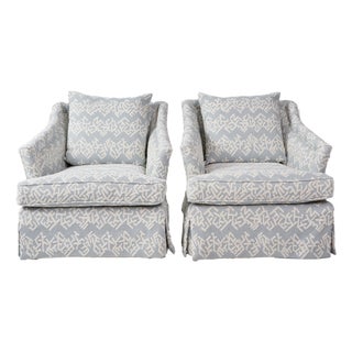 Pair of Custom Ferrick Mason Swivel Club Chairs Upholstered Arthur Woven Light Blue With Back Pillow For Sale