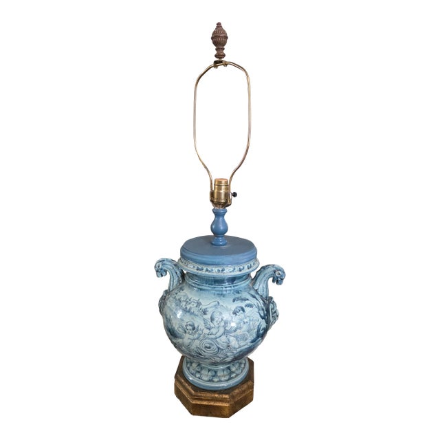 Italian Majolica Blue and White Urn Lamp For Sale