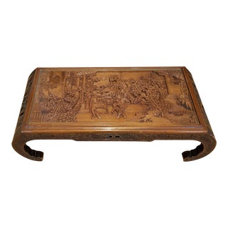 Early 19th Century Antique Chinese Glass Top Covered Hand Carved Elmwood Cocktail Table For Sale