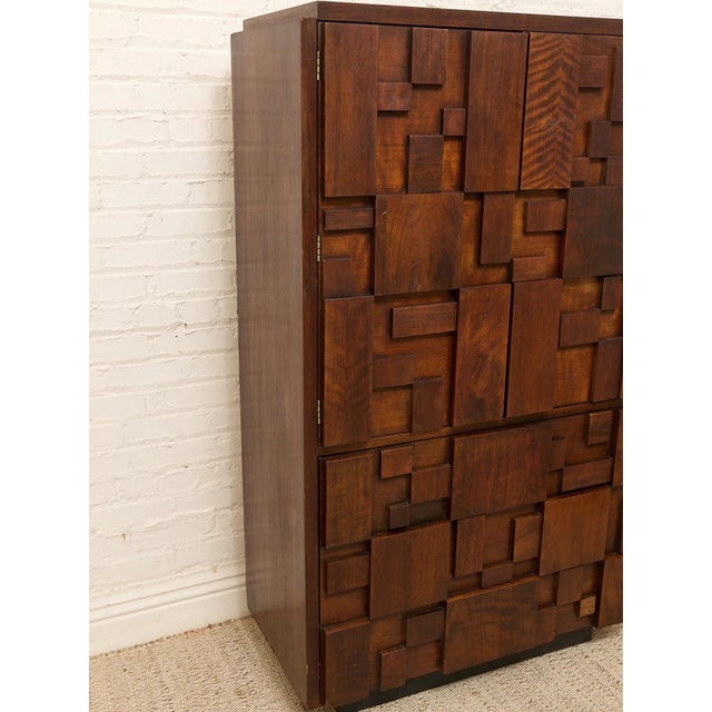 Lane  brutalist Mid 20th Century Styled After Vintage Lane Brutalist Mosaic Wood Highboy Armoire For Sale - Image 4 of 6