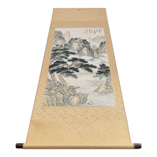 Vintage Chinese Landscape Hanging Scroll With Gold Brocade For Sale