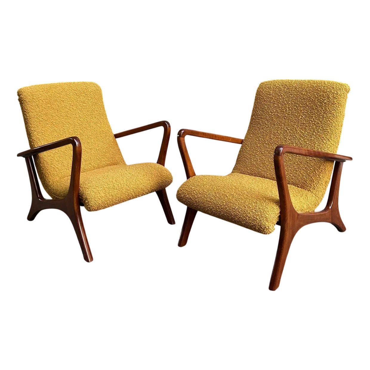 Set of Lounge Chairs with Dark Wood Frame and Yellow Bouclé Fabric ...