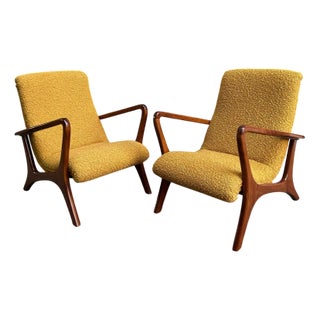 Set of Lounge Chairs with Dark Wood Frame and Yellow Bouclé Fabric, 2000s For Sale