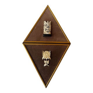 Mid 20th Century Framed Hand Carved Bone Wall Art Pair Pagoda & Flower For Sale