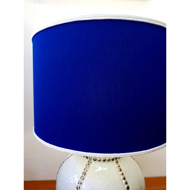 Ivory Earthenware Lamp with Blue Lampshade from Longwy, 1970s For Sale - Image 8 of 12