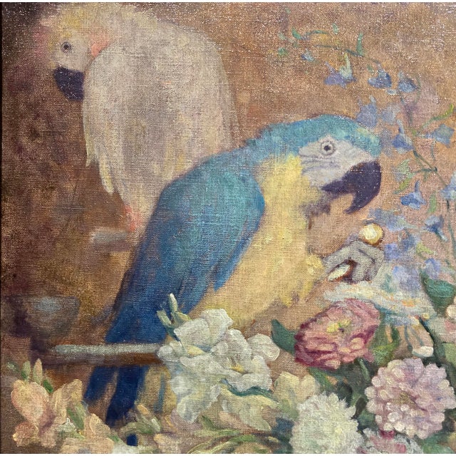Early 20th Century Montague Hall –Exotic Parrots and Floral Still Life – Early 20th Century Oil Painting For Sale - Image 5 of 12