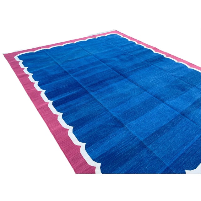 Royal Blue Not Yet Made - Made To Order Handmade Cotton Vegetable Dyed Scalloped Rug Indigo Blue With Raspberry Pink Border - 6'x9' For Sale - Image 8 of 11
