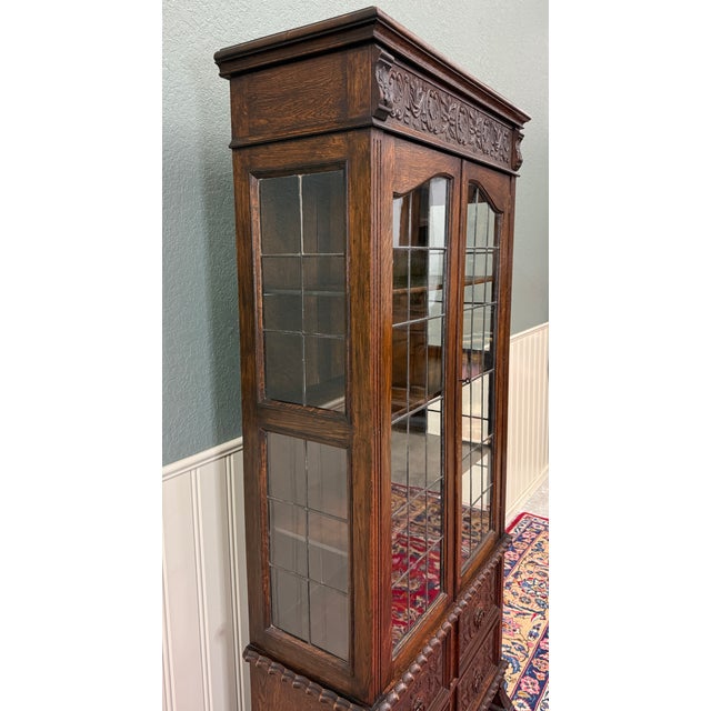 Wood Antique English Jacobean Bookcase Cabinet Double Door Glass Drawers Oak c.1930s For Sale - Image 7 of 18