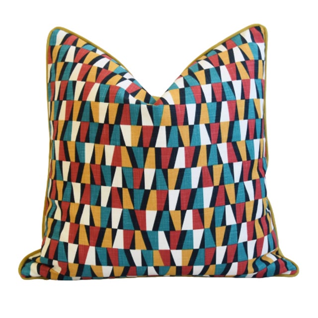 Designers Geometric Teal/Red/White/Gold Feather/Down Pillow 22" Square For Sale In Los Angeles - Image 6 of 6