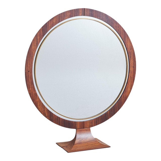 Large Round Italian Rosewood Freestanding Mirror, 1970s For Sale