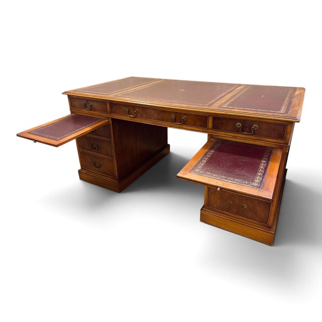 Twin Pedestal Desk with Burgundy Leather Top For Sale - Image 9 of 9