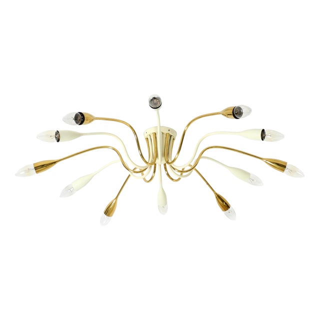 Large Mid-Century Modern Brass Sputnik Ceiling Lamp with 12 Arms, 1950s For Sale
