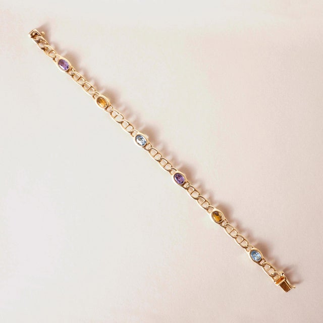 Vintage 14k Gold Multi Gemstone Bezel Curb Chain Link Bracelet For Sale In Los Angeles - Image 6 of 8