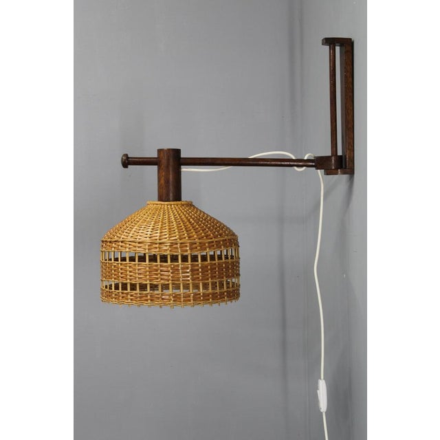 Mid-Century Adjustable Wooden Wall Lamp with Rattan Shade, 1970s For Sale - Image 3 of 15