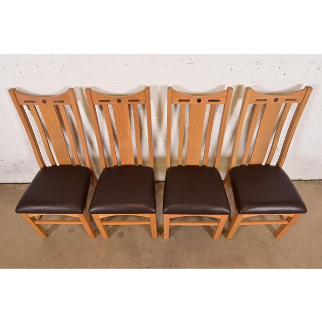 Late 20th Century Stickley Style Mission Oak Arts & Crafts High Back Dining Chairs, Set of Four For Sale - Image 5 of 12