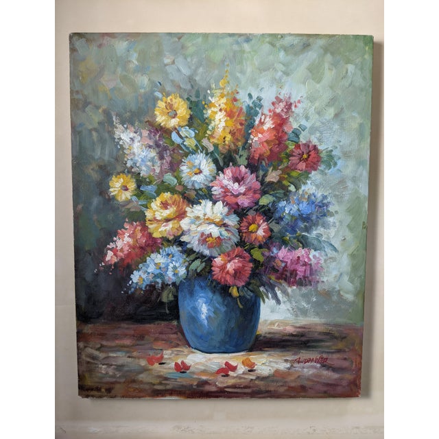 Blue Mid 20th Century Impressionist Still Life Floral Bouquet Oil Painting Signed For Sale - Image 8 of 9