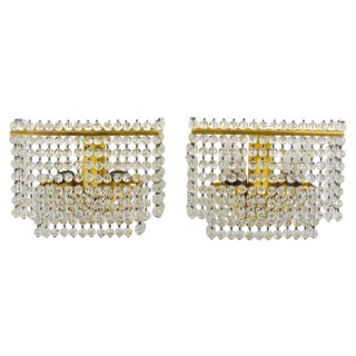 Square Gold-Plated Brass Sconces with Hand-Cut Crystals from Lobmeyr, 1970s, Set of 2 For Sale