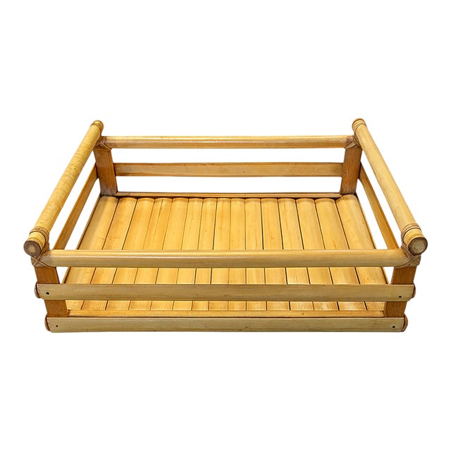 Vintage Bamboo and Rattan Slatted Tray — 15” Wide For Sale