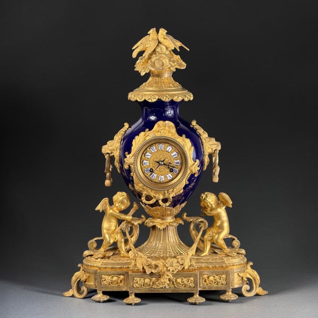 Antique Napoleon III Mantel Clock in Bleu De Sèvres Porcelain and Chased Ormolu, 1865 For Sale - Image 3 of 17