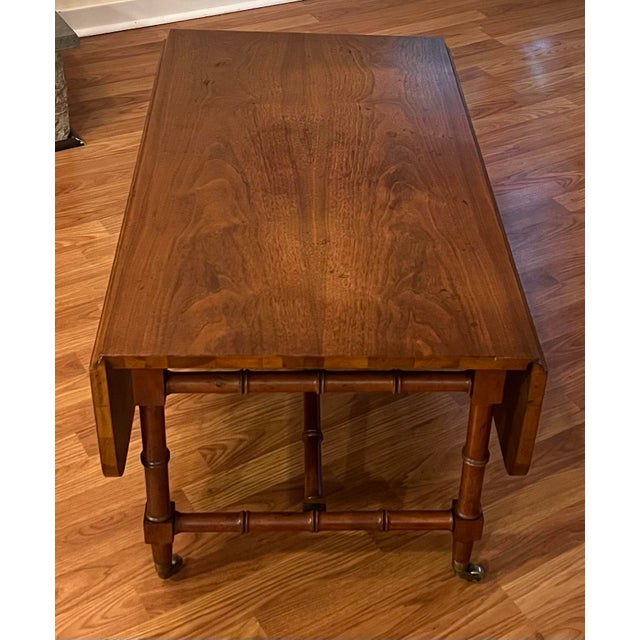 1960s Rare Convertible Bamboo Turned Walnut Drop Leaf Dining Table / Coffee Table For Sale - Image 5 of 11