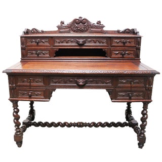 19th Century French Renaissance Revival Hunt Desk with Barley Twist Oak, 1870s For Sale