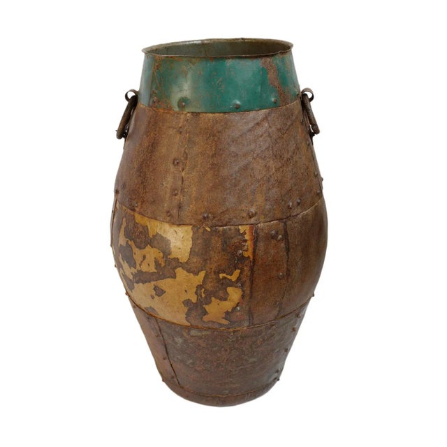 Vintage Industrial Farmhouse Iron Rivet Urn For Sale - Image 4 of 4