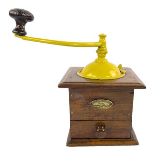 Antique Peugeot Frères Wooden Coffee Grinder With Yellow Handle – Early 20th Century For Sale