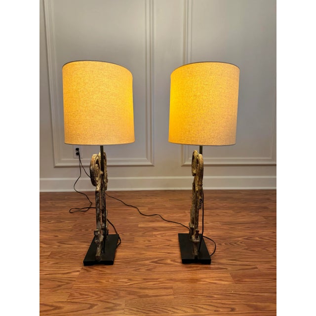 Dark Gray Vintage Old World Wrought Iron Architectural Element Table W/Custom Shade Lamps, a Pair For Sale - Image 8 of 12