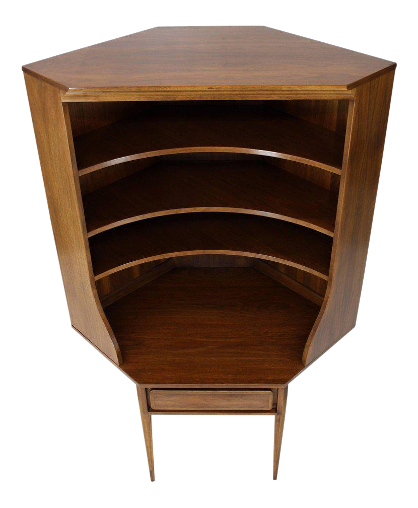 Mid Century Modern Two Piece Walnut Corner Desk Table Bookcase