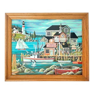 Vintage Framed Seaside Harbor Paint by Number "Homer’s Landing", Coastal Art, 1970s Decor For Sale