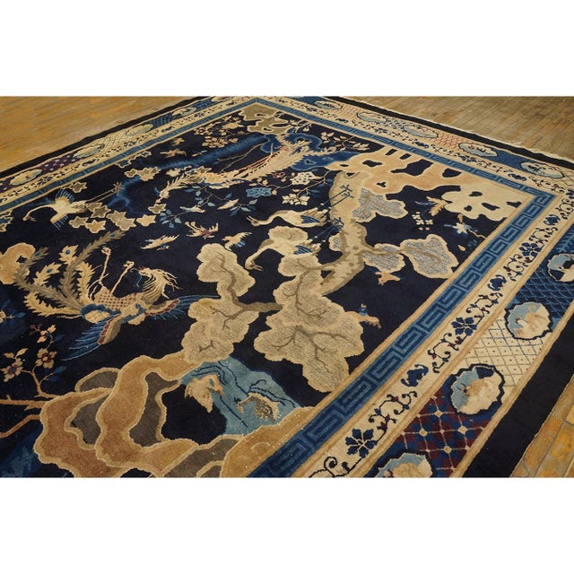1920s Antique Navy Blue Deco Classical Chinese Garden Scene Peking Room Size Rug For Sale - Image 9 of 9