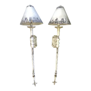 Adjustable Length Rustic French Farmhouse Indoor Wall Sconces With Matching Lampshades- a Pair
