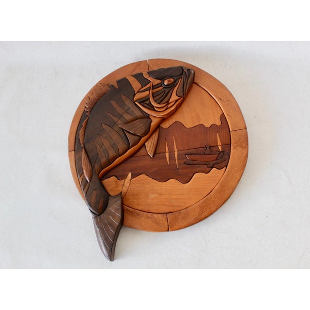 Vintage Intarsia Wood Fish and Lake Scene Wall Art For Sale - Image 9 of 9