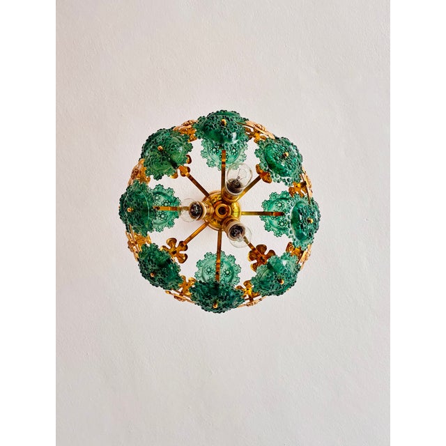 1970s Mid-Century Modern Style Teal Turquoise Hand-Painted Glass and Gold Floral Chandelier⁠ For Sale - Image 13 of 17