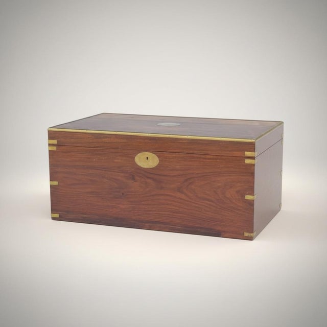 Early English Horse & Hunt Campaign Style Brass Bound Mahogany Trunk / Box / Coffee Table For Sale - Image 4 of 6