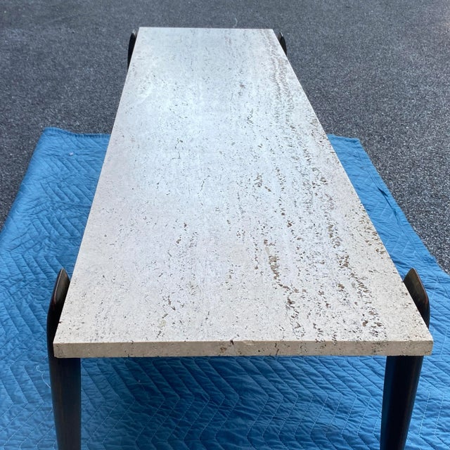 Mid 20th Century Gio Ponti for M. Singer & Sons 60" Walnut Coffee Table With Travertine Top For Sale - Image 5 of 13