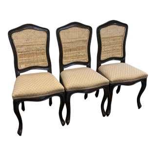 1990s Italian Carved Walnut Side Chair With a Cane Back and Fabric Seat - Set of 3 For Sale