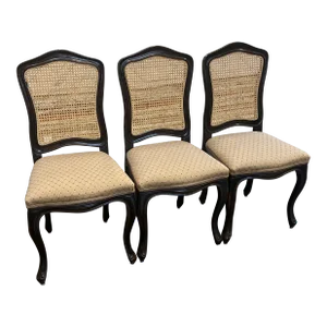 1990s Italian Carved Walnut Side Chair With a Cane Back and Fabric Seat - Set of 3