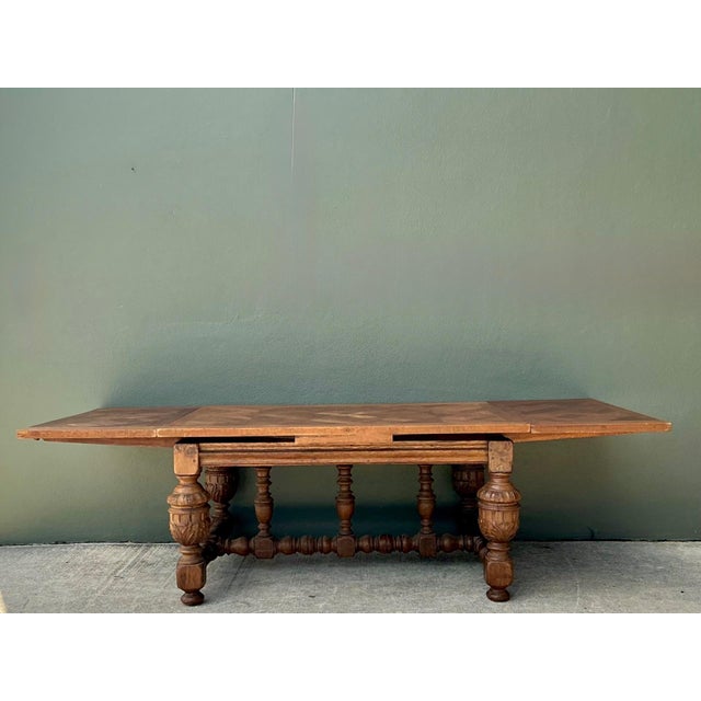Vintage Spanish Carved Wood Parquet Extendable Dining Table For Sale - Image 13 of 13