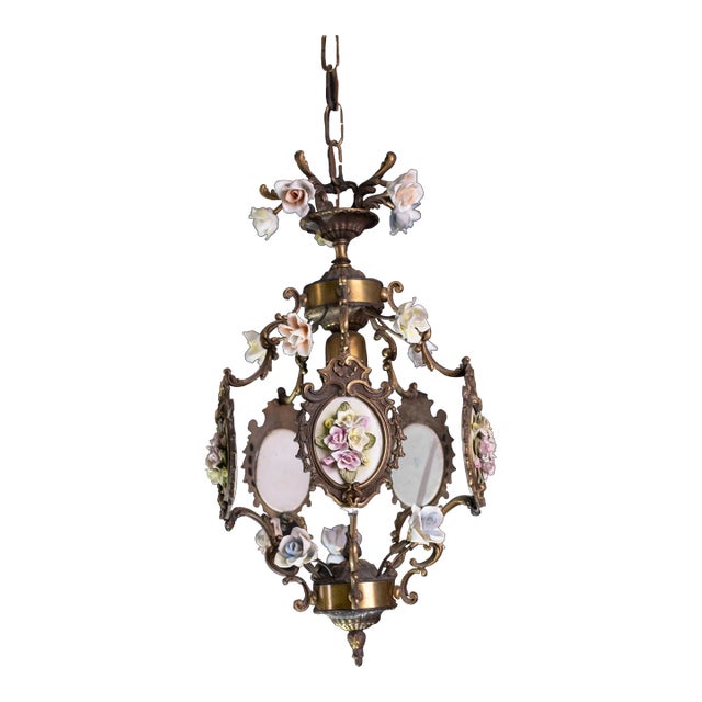 Vintage Art Nouveau Style Italian Ceramic Flower Chandelier, 1970 For Sale
